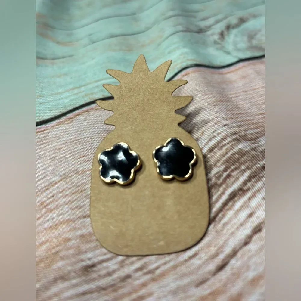 New Gold-Trim Black Flower Stud Earrings - Women Jewelry